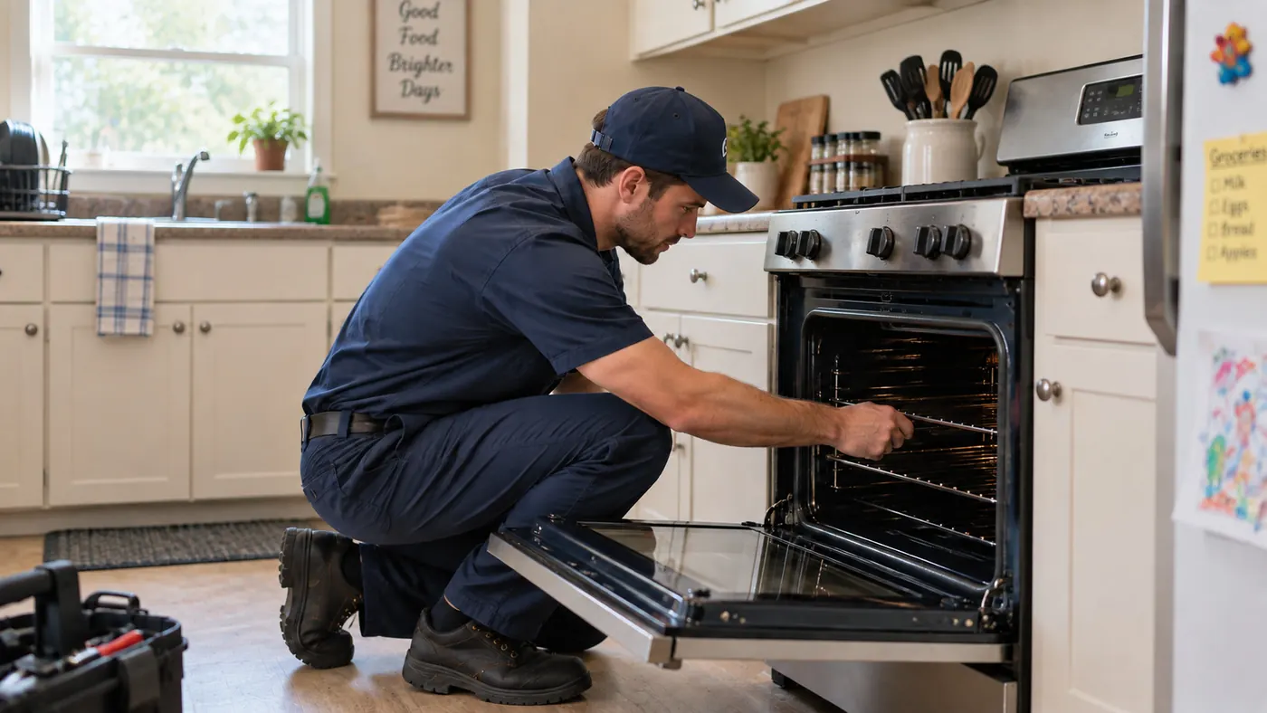 Appliance technician working on a stainless steel range in a home kitchen